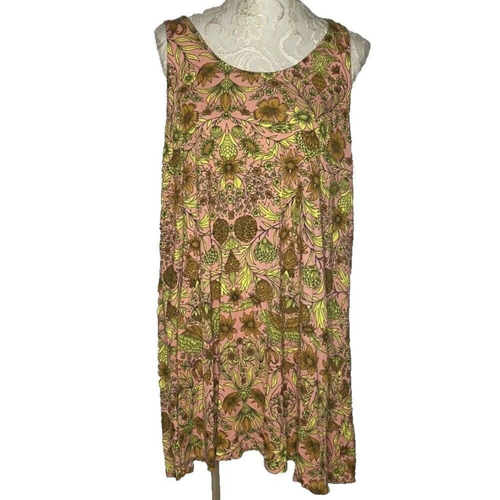 H&M Sleeveless Flowy Short Mini Dress sz L Pink Yellow Floral Knit Cover Up Boho